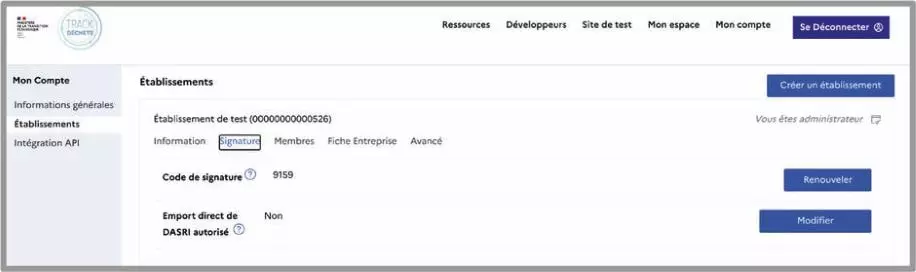 Interface de l'écran signature de la plateforme Trackdéchets