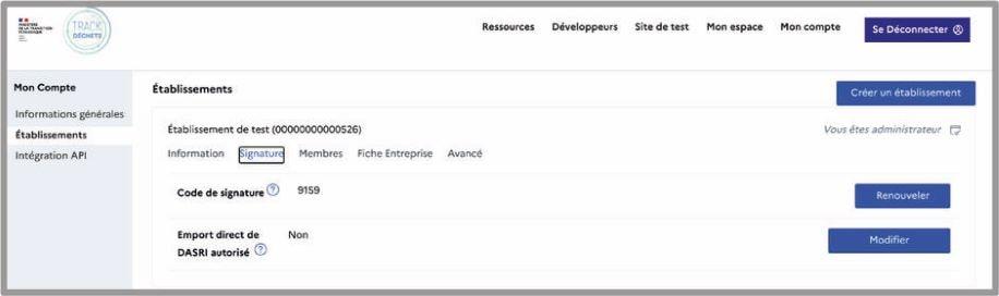 Interface de l'écran signature de la plateforme Trackdéchets