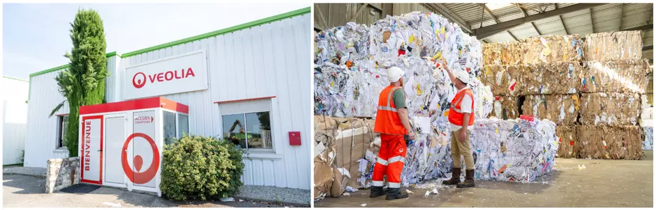 Sas d'entrée de l'agence et balles de papier avec agents de valorisation