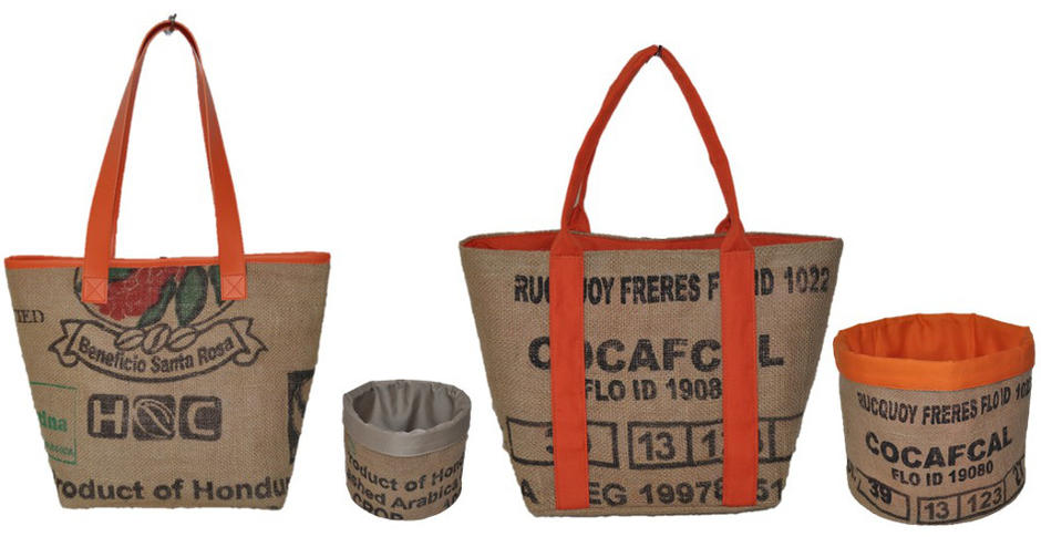 Prototypes de sacs, cabas et trousses de rangement réalisés à partir des sacs de jute des Cafés Méo